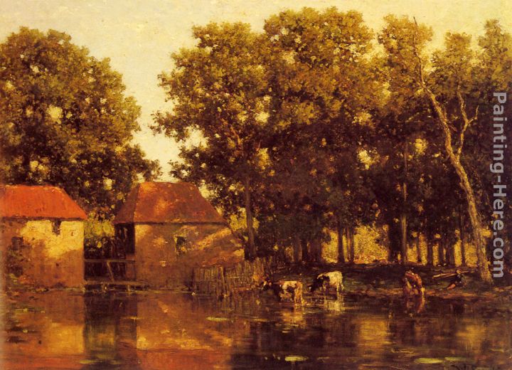 A Sunlit River Landscape With Cows Watering painting - Willem Roelofs A Sunlit River Landscape With Cows Watering art painting